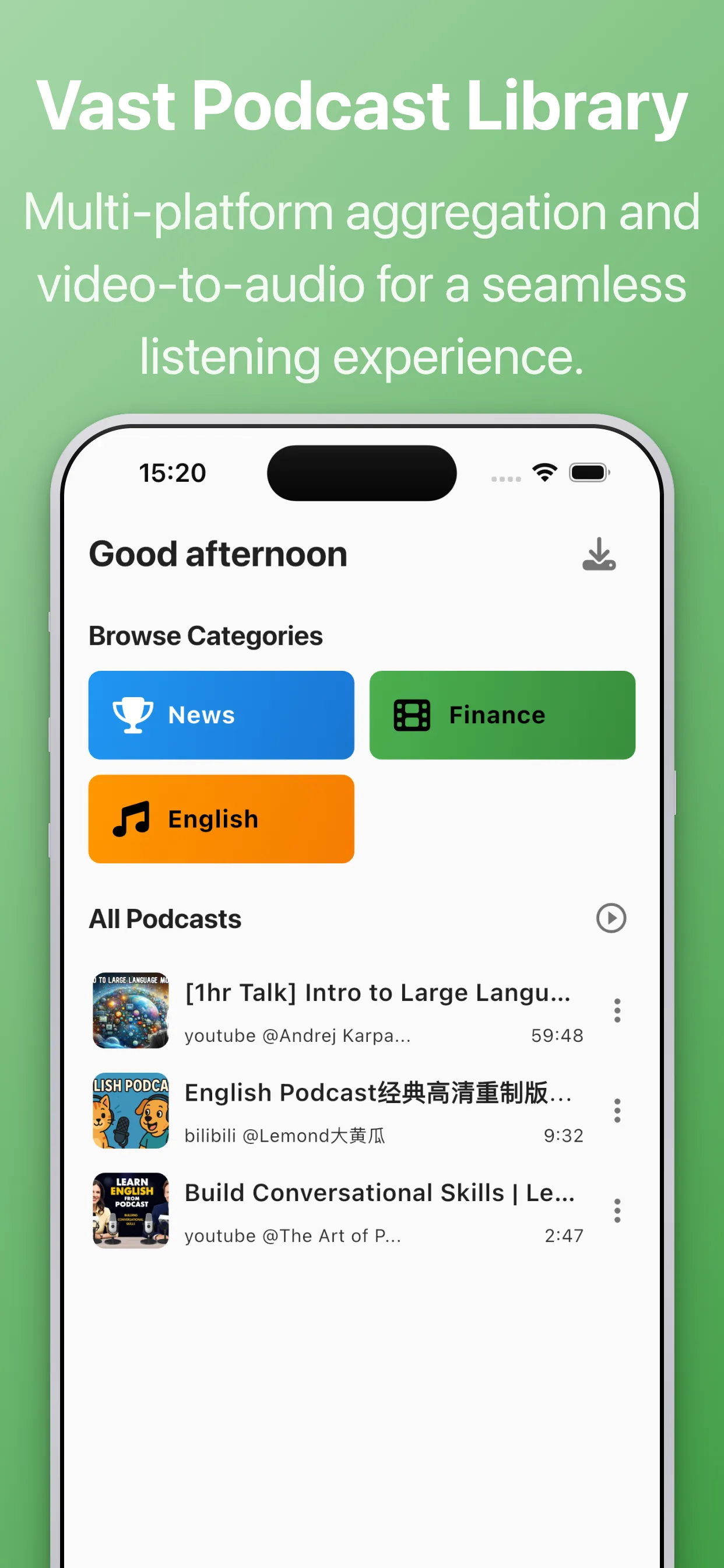 ListenGo home screen - vast podcast library